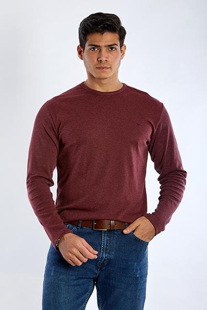 Long Sleeve Round Neck Plain T-Shirt - DARK WINE