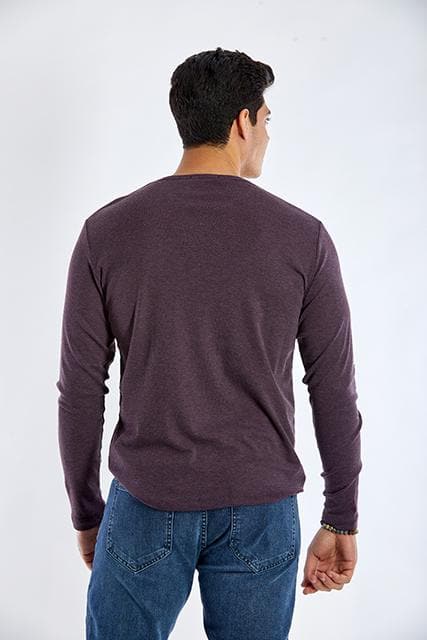 Long Sleeve Round Neck Plain T-Shirt - DARK WINE