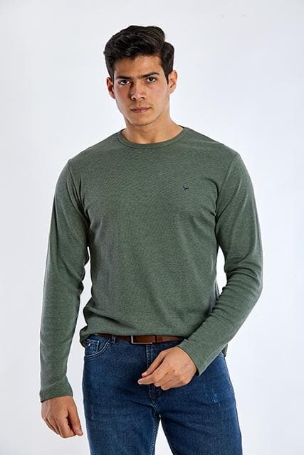 Long Sleeve Round Neck Plain T-Shirt - GREEN OLIVE