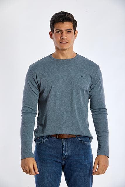 Long Sleeve Round Neck Plain T-Shirt - INDIGO