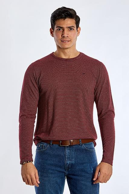 Long Sleeve Round Neck Striped T-Shirt - WINE