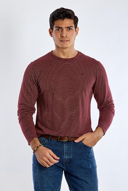 Long Sleeve Round Neck Striped T-Shirt - WINE