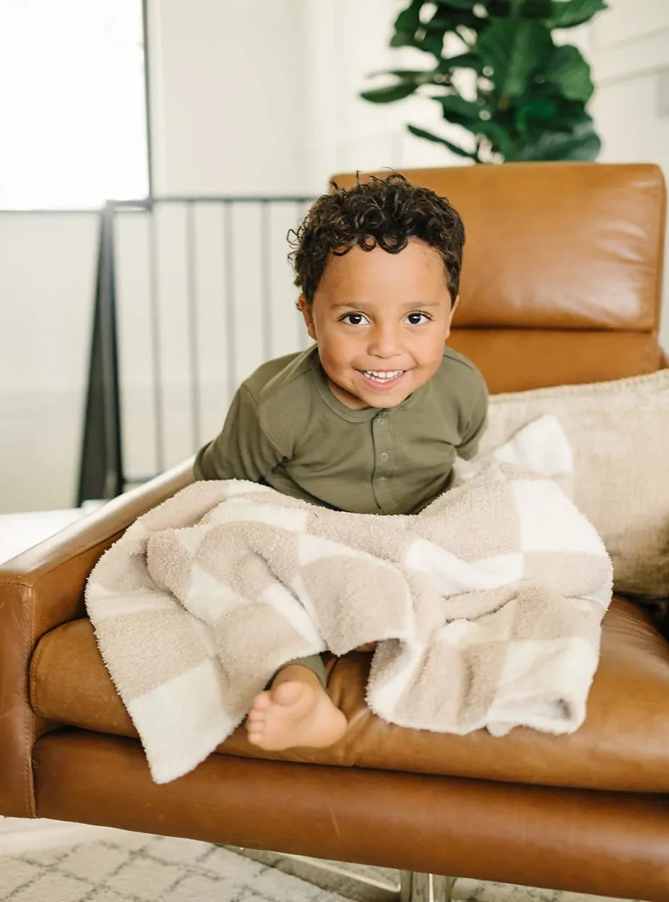 MEBIE BABY TAUPE CHECKERED PLUSH BLANKET | THREE SIZES