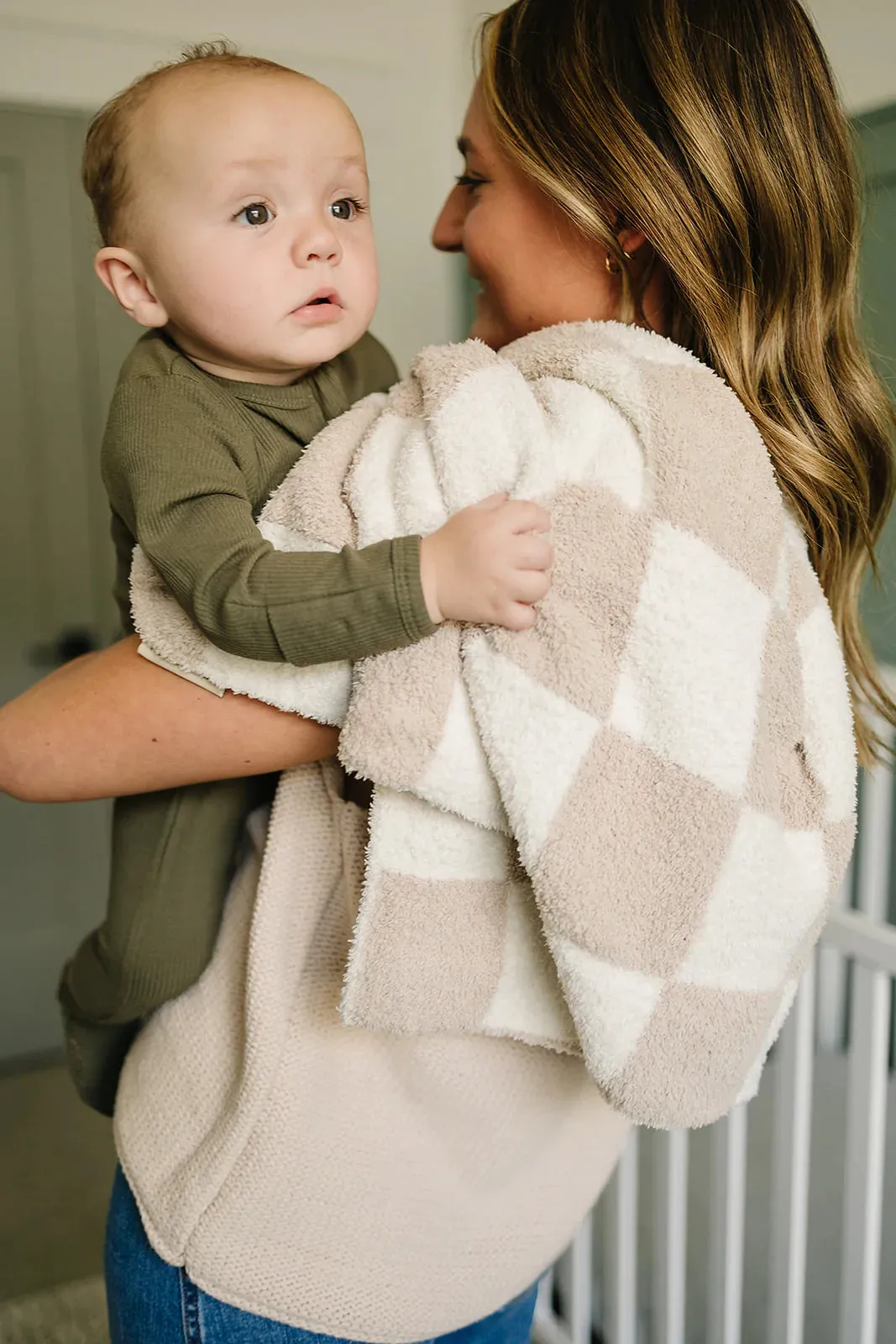 MEBIE BABY TAUPE CHECKERED PLUSH BLANKET | THREE SIZES