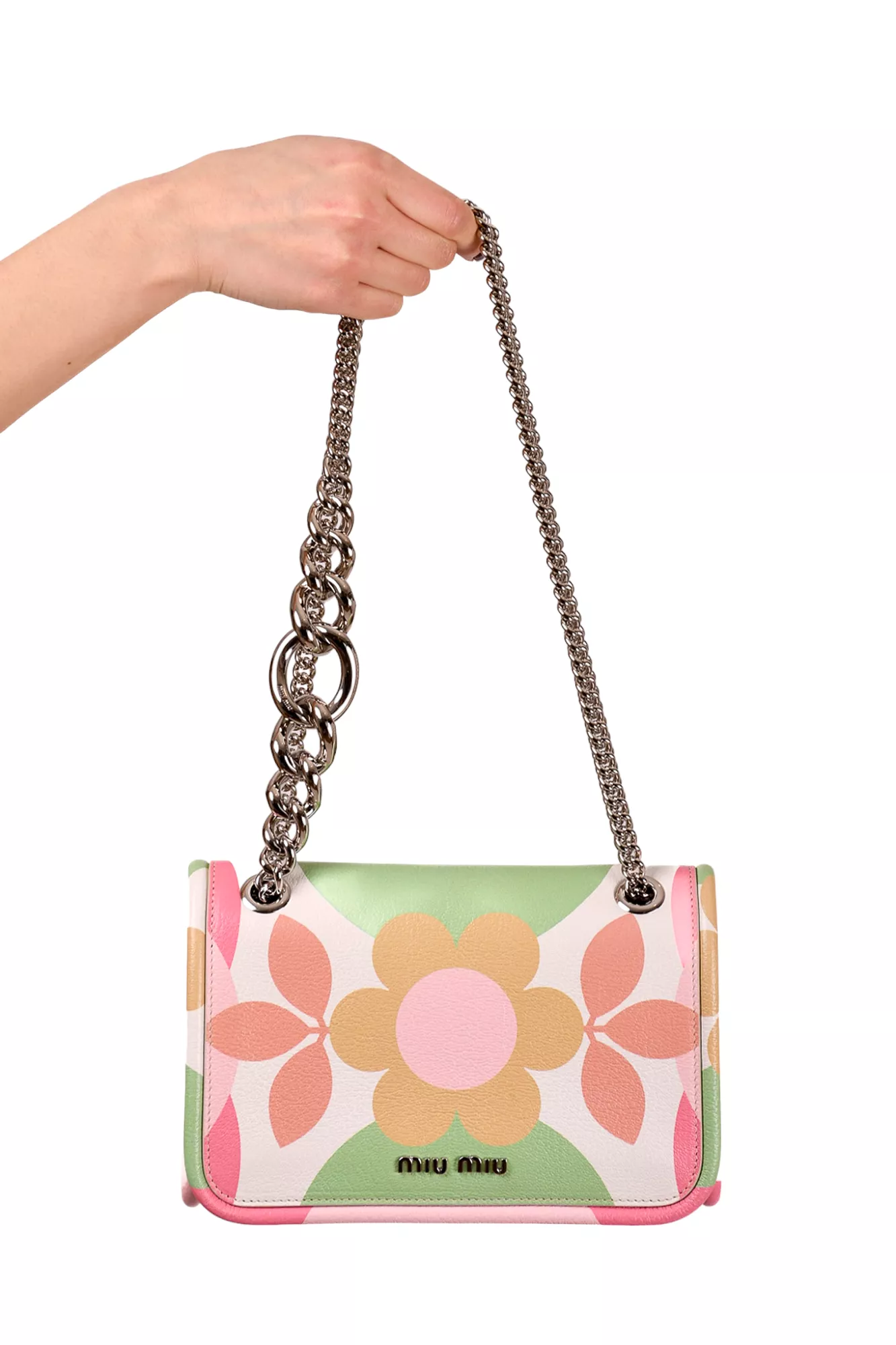 Miu Miu Green/Pink Floral Print Silver Chain Bag