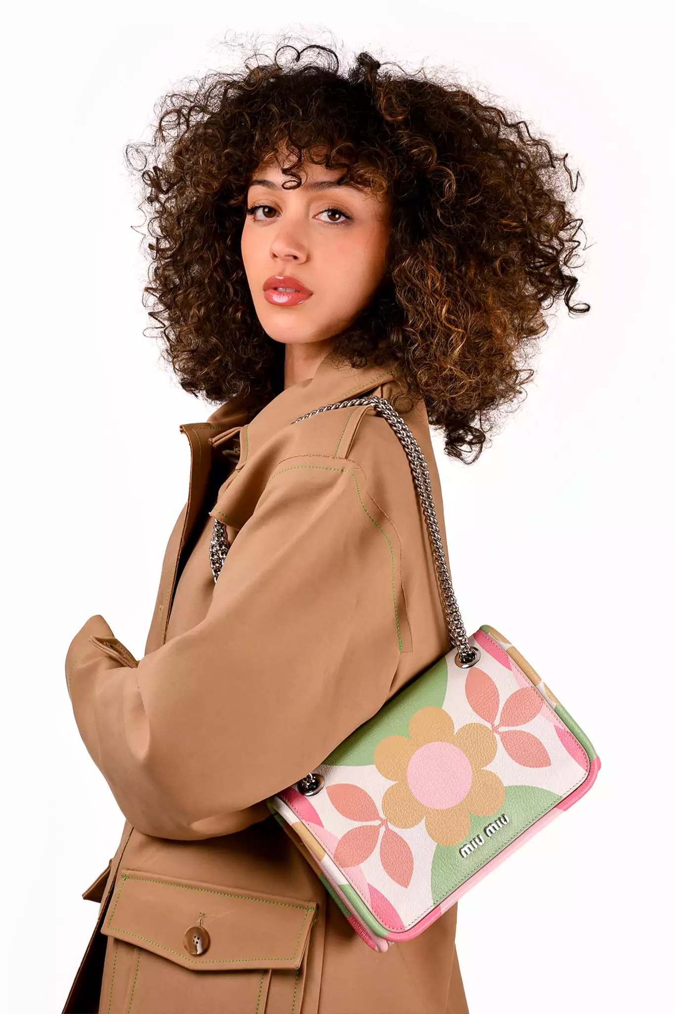 Miu Miu Green/Pink Floral Print Silver Chain Bag