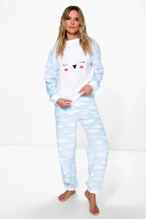 Nancy Cloud Print Fleece Pants Pj Set