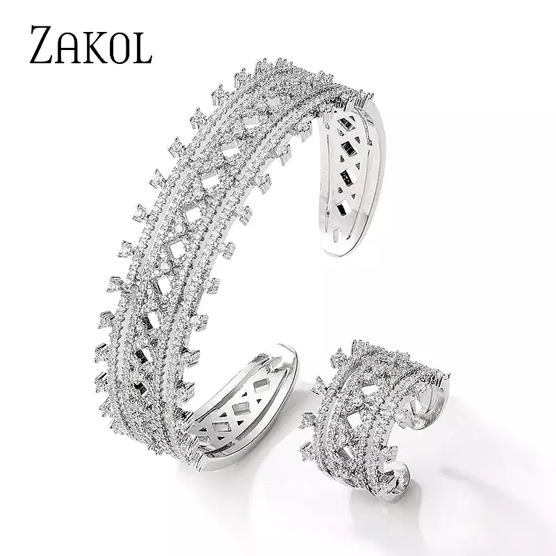 New Exquisite Luxury Geometric Cubic Zirconia Wedding Bracelet Ring Jewelry Sets for Women Silver Color Jewellery Set - B69090