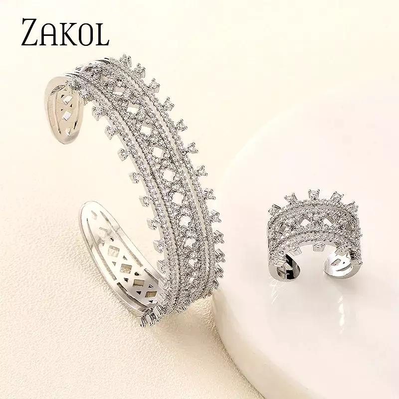 New Exquisite Luxury Geometric Cubic Zirconia Wedding Bracelet Ring Jewelry Sets for Women Silver Color Jewellery Set - B69090