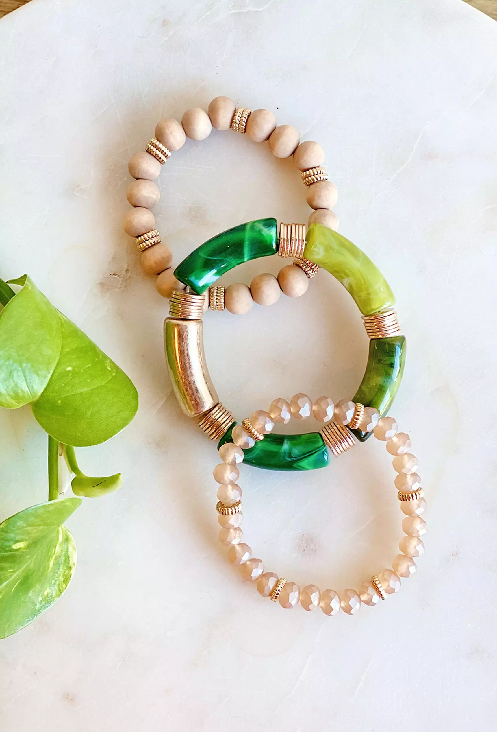 Nia Beaded Bracelet Set in Green