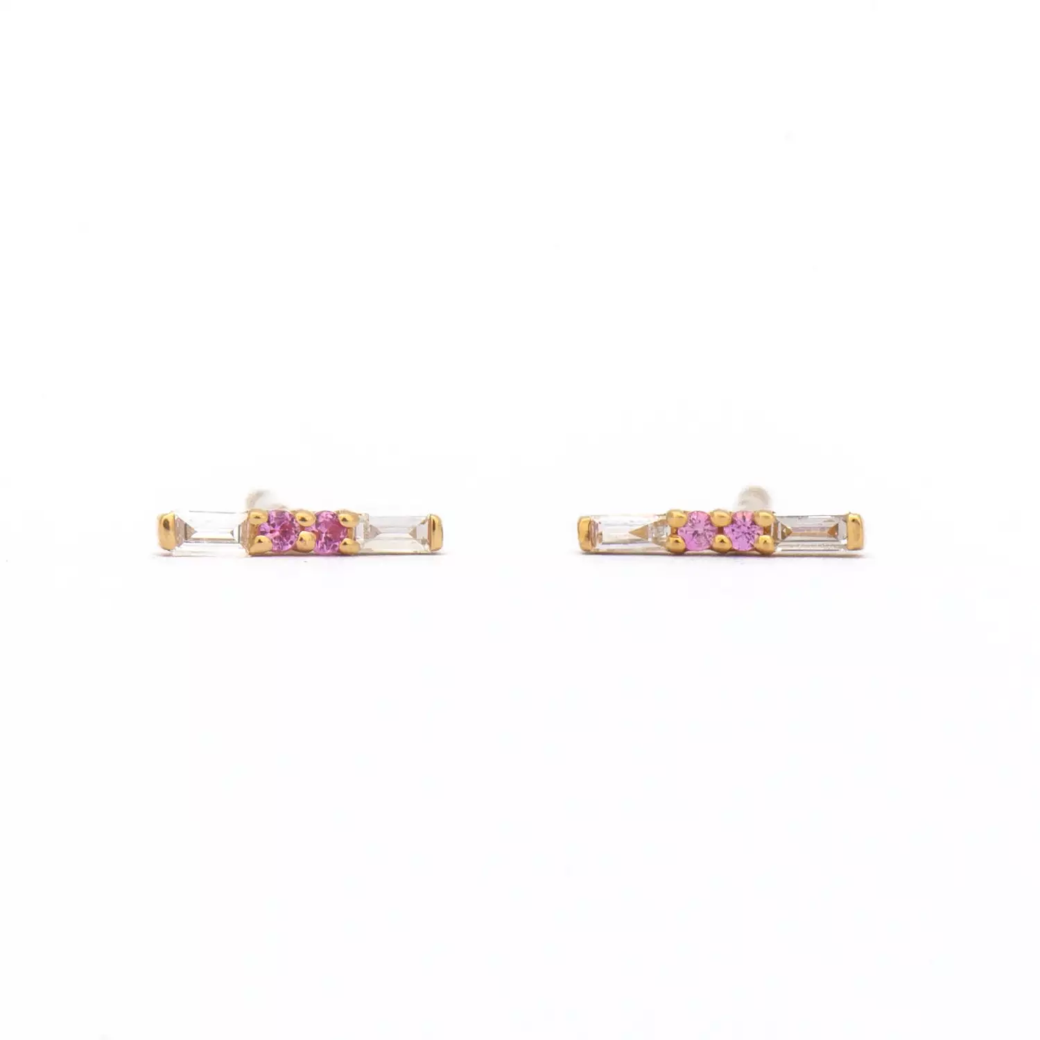 Pink Sapphire & Baguette Diamond Bar Studs