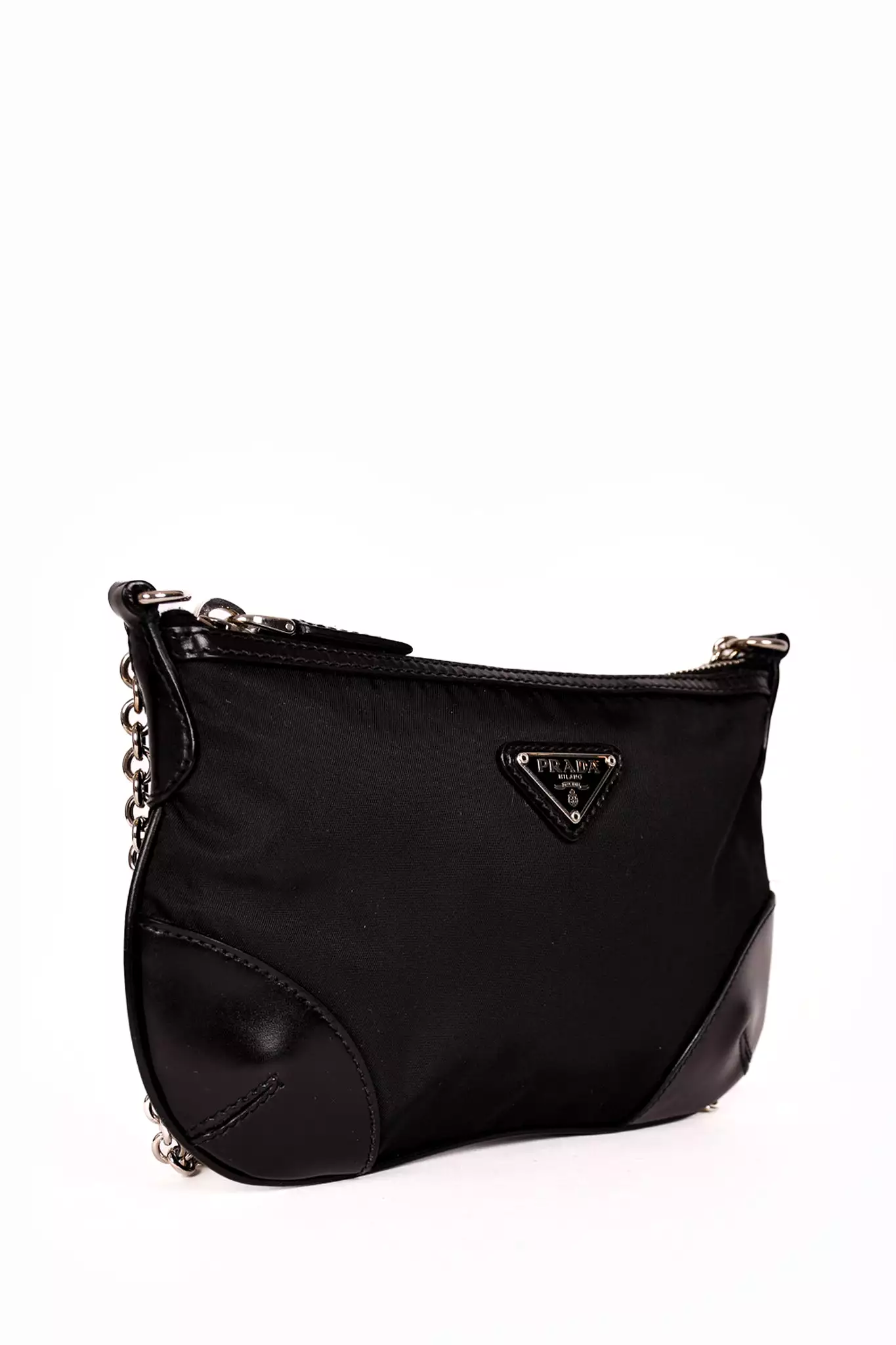 Prada Black Nylon/Leather Trim Silver Chain Crossbody Bag