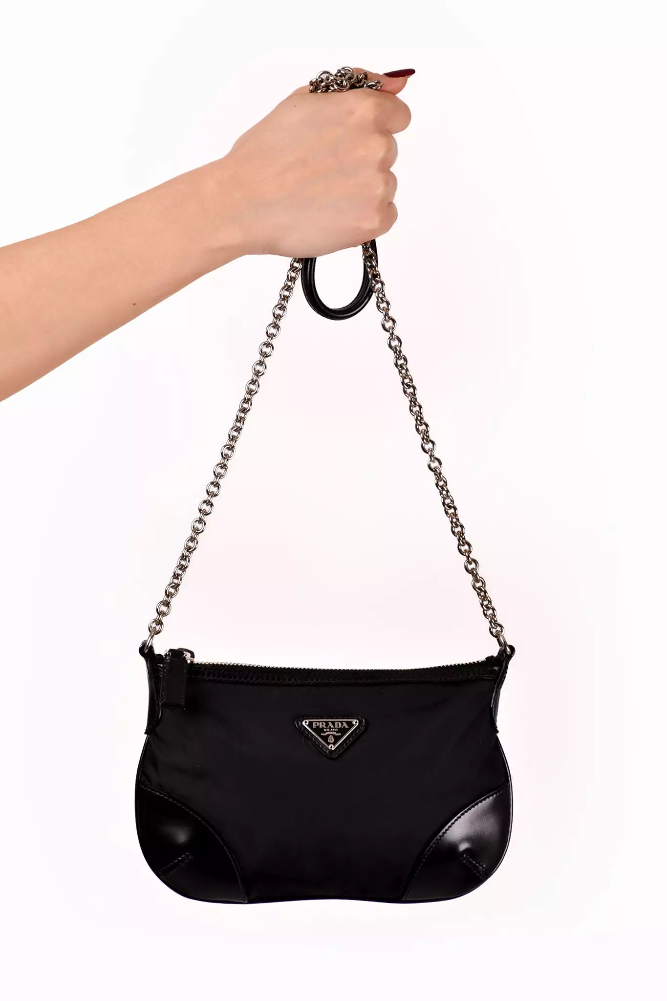 Prada Black Nylon/Leather Trim Silver Chain Crossbody Bag