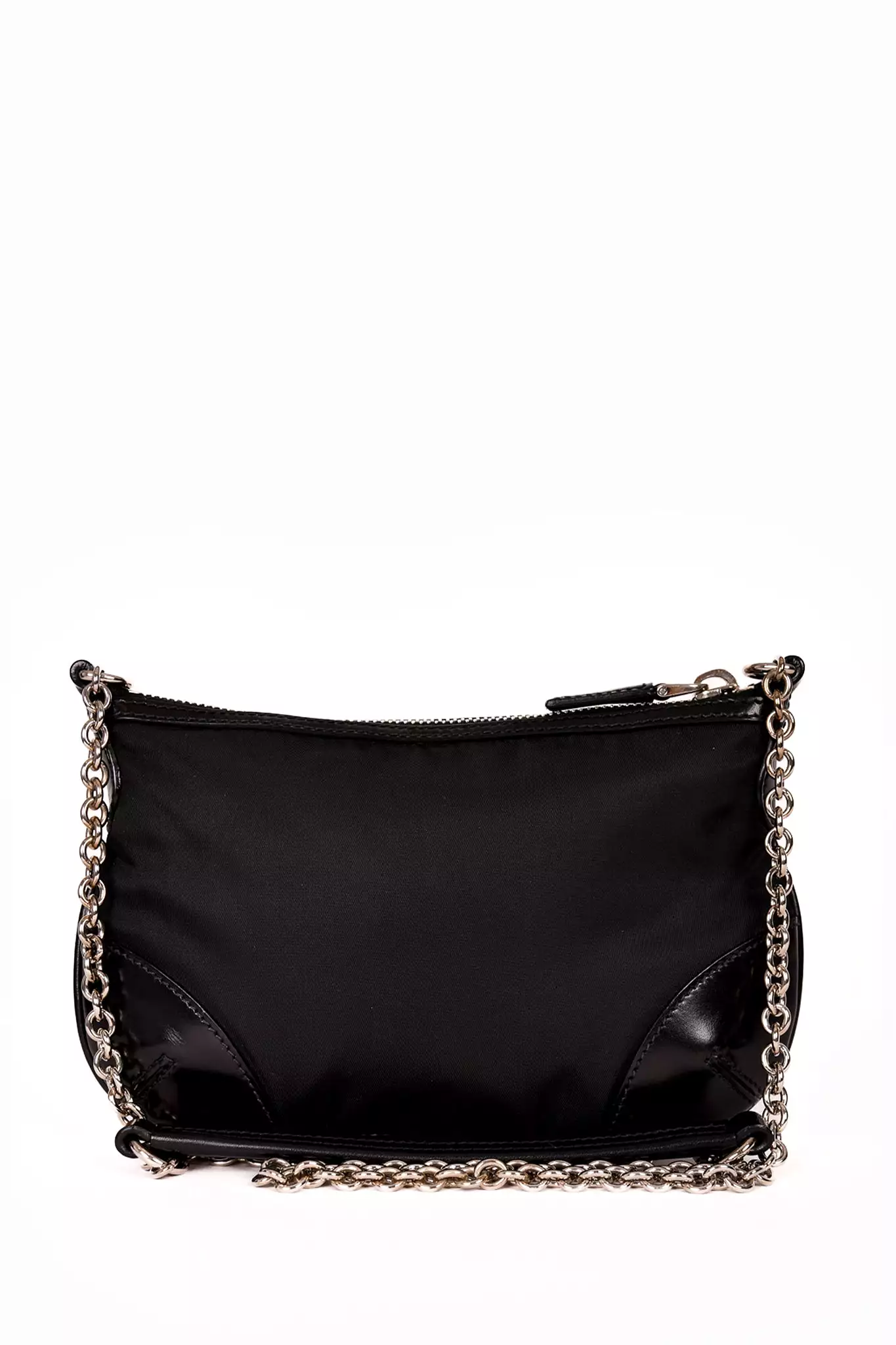 Prada Black Nylon/Leather Trim Silver Chain Crossbody Bag