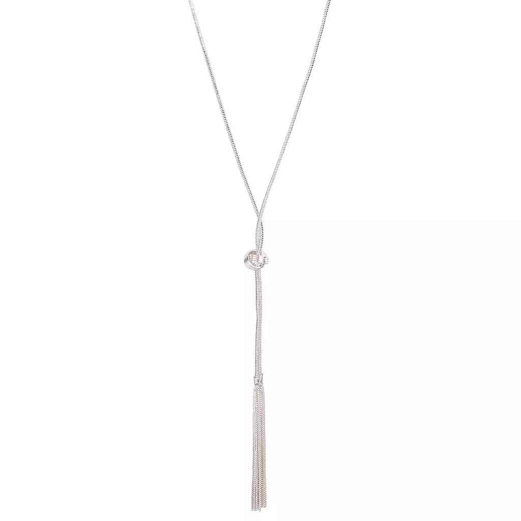 Silver Chain Tassel & Knotted Lariat Necklace