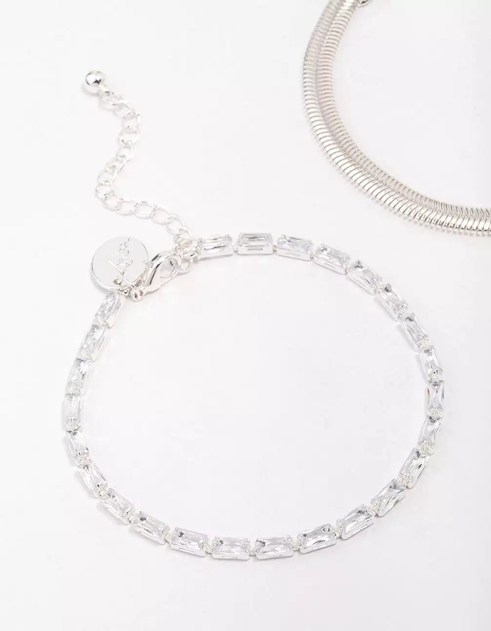 Silver Plated Cubic Zirconia Baguette Snake Double Chain Bracelet Pack