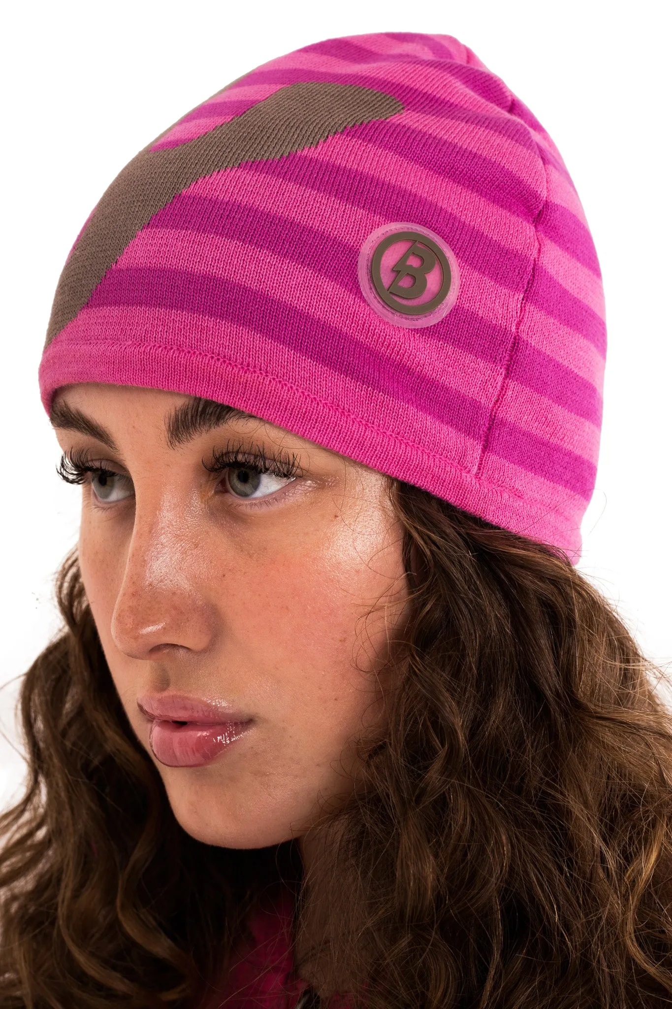 STRIPED KNIT BEANIE (PINK/BROWN)