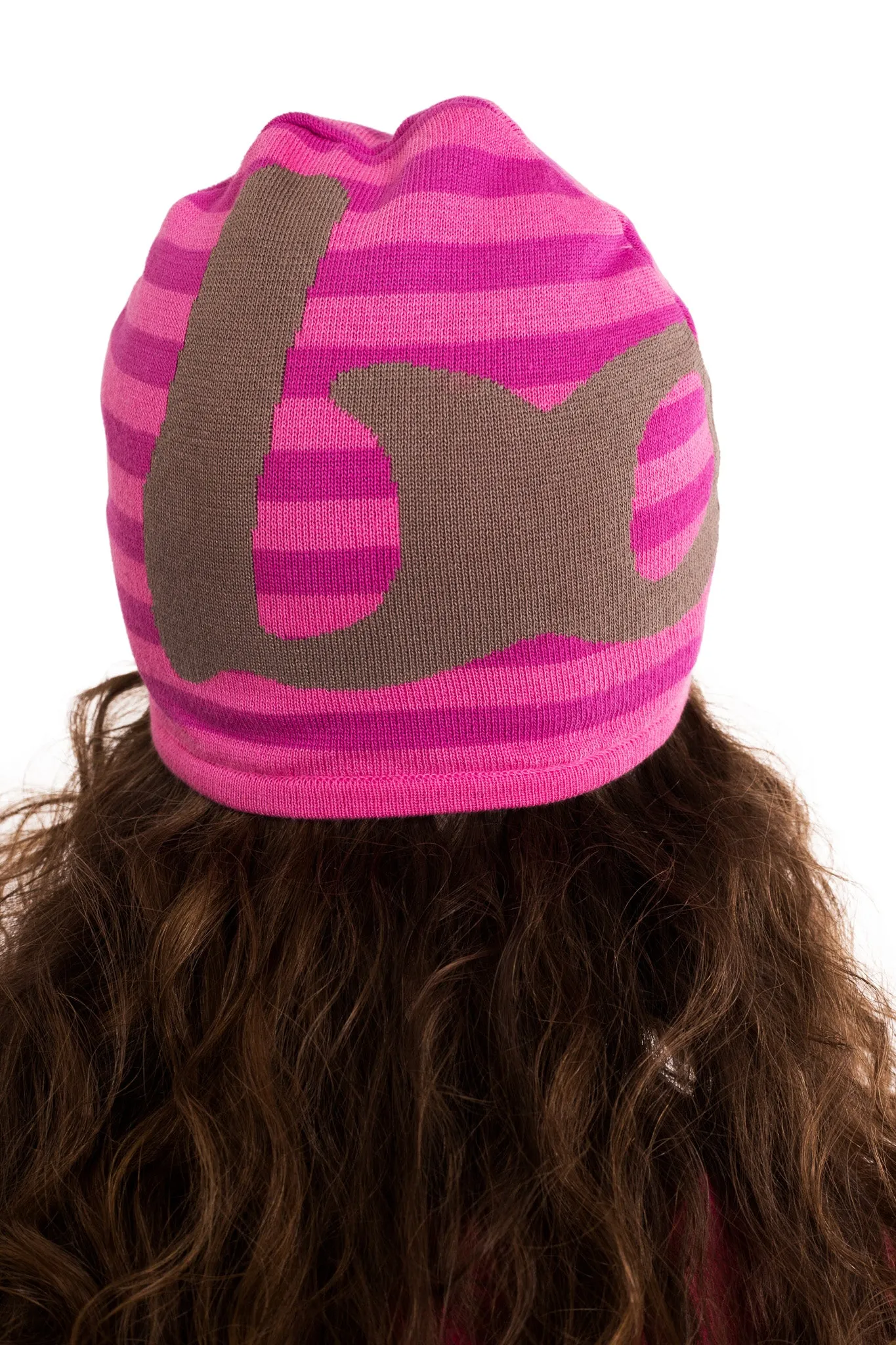 STRIPED KNIT BEANIE (PINK/BROWN)