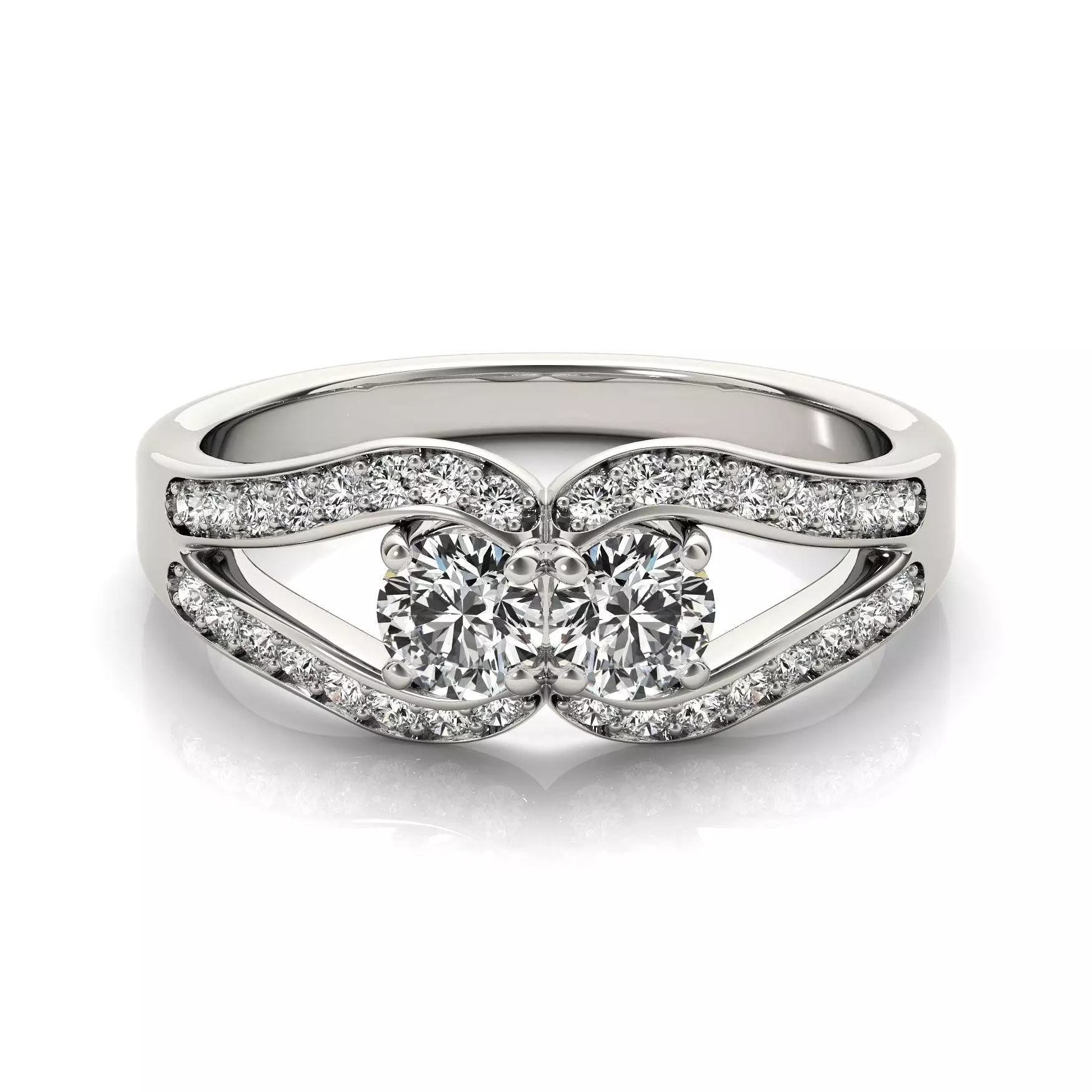 Two Stone Split Shank Design Diamond Ring in 14k White Gold