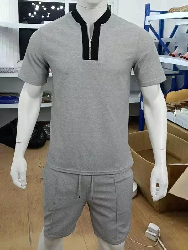 Waffle V-Neck Zipper T-Shirt Men Clothing Set