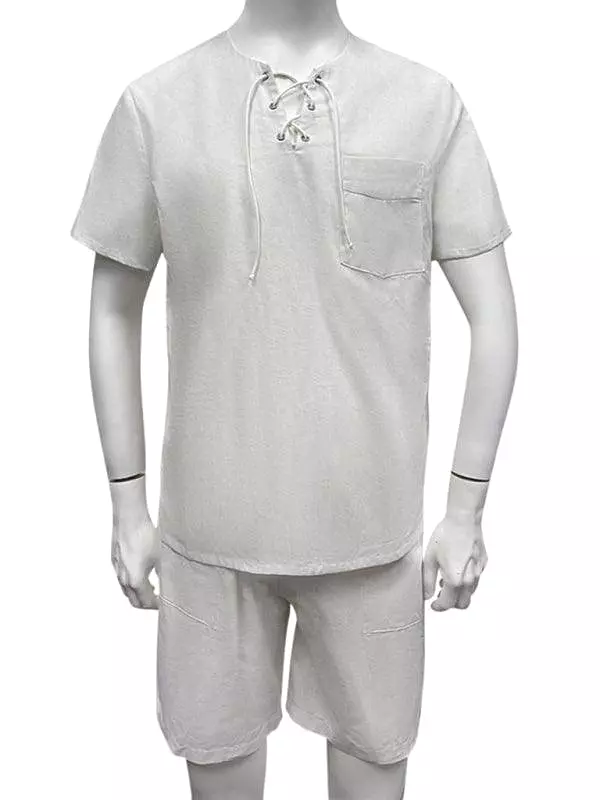 White Lace-Up Cotton Men Clothing Set