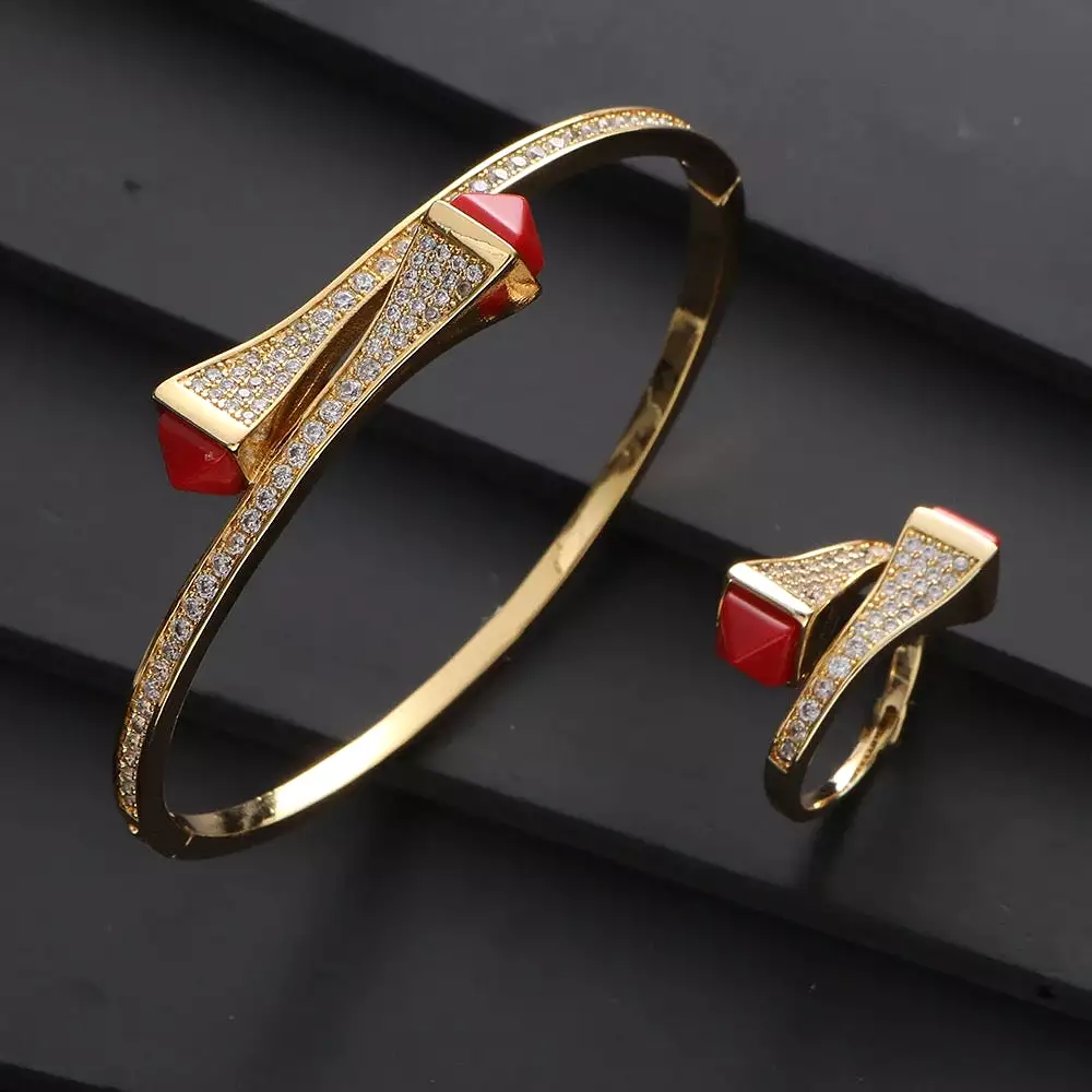 Women 2 Pcs Bracelet Ring Set Colorful Resin Gold Bangle Ring Wedding Party Jewelry Set