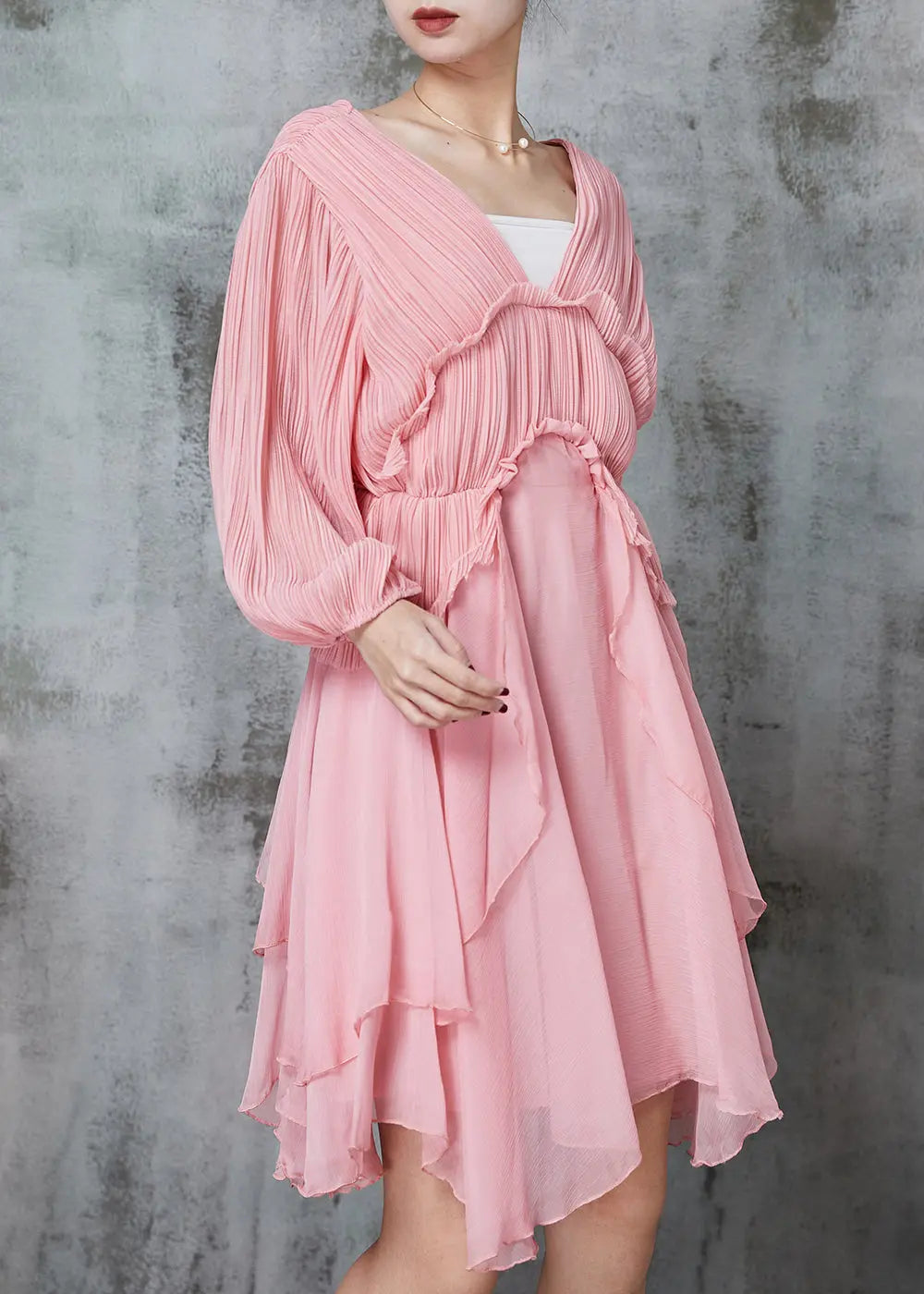 Women Pink Ruffled Wrinkled Chiffon Mid Dress Spring JK1063